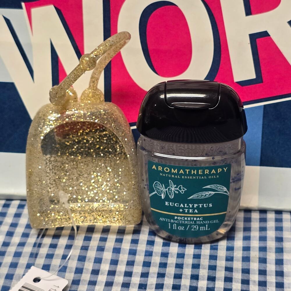 BBW Gold Glitter Rubber Pocketbac Holder & Eucalyptus + Tea Aromatherapy Refill